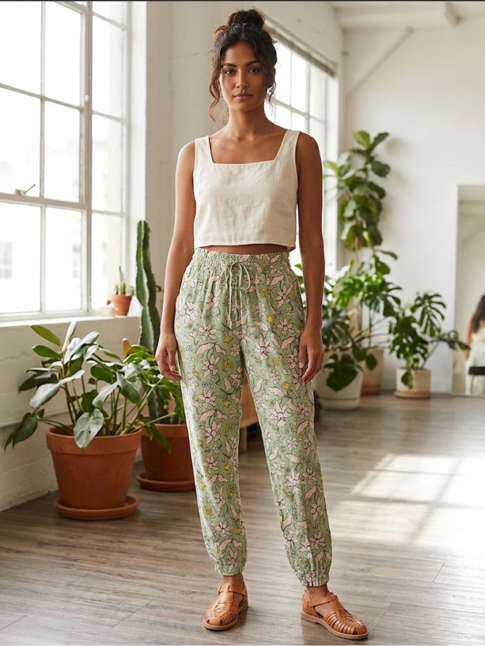 Aerie Floral High Rise Smocked Tie Waist Crinkle Pants Green Medium